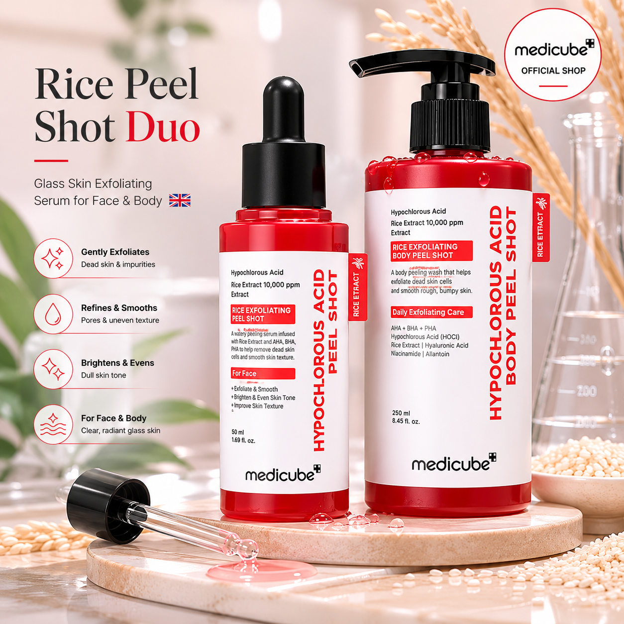 Rice Peel Shot Duo – Glass Skin Exfoliating Serum for Face & Body