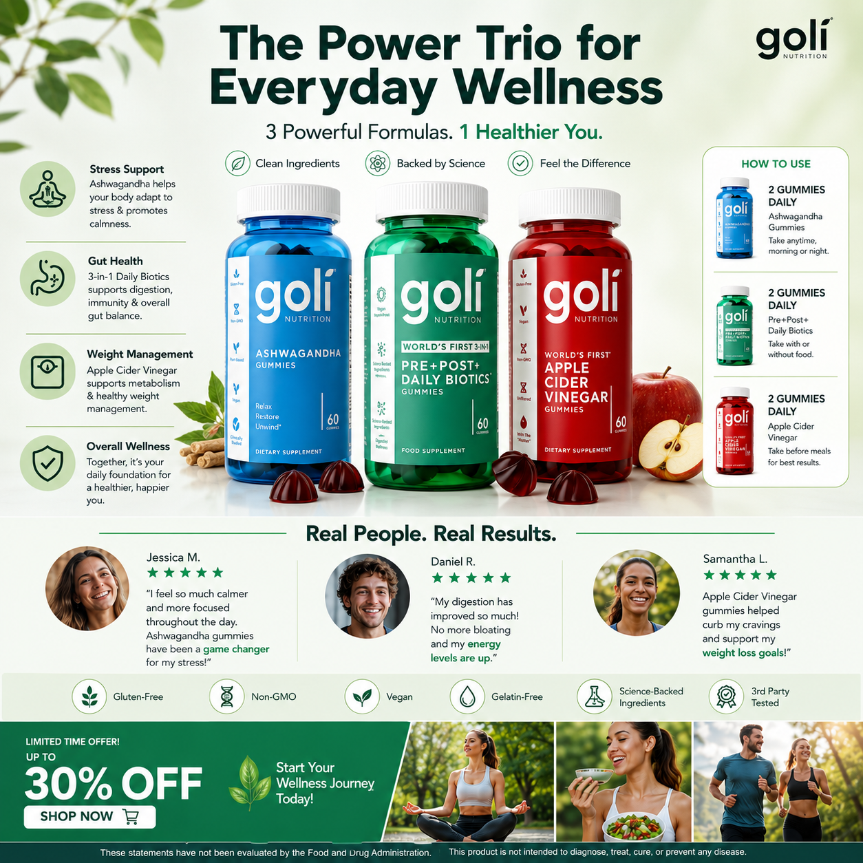 Goli Power Wellness Trio – ACV, Ashwagandha & Daily Biotics Gummies