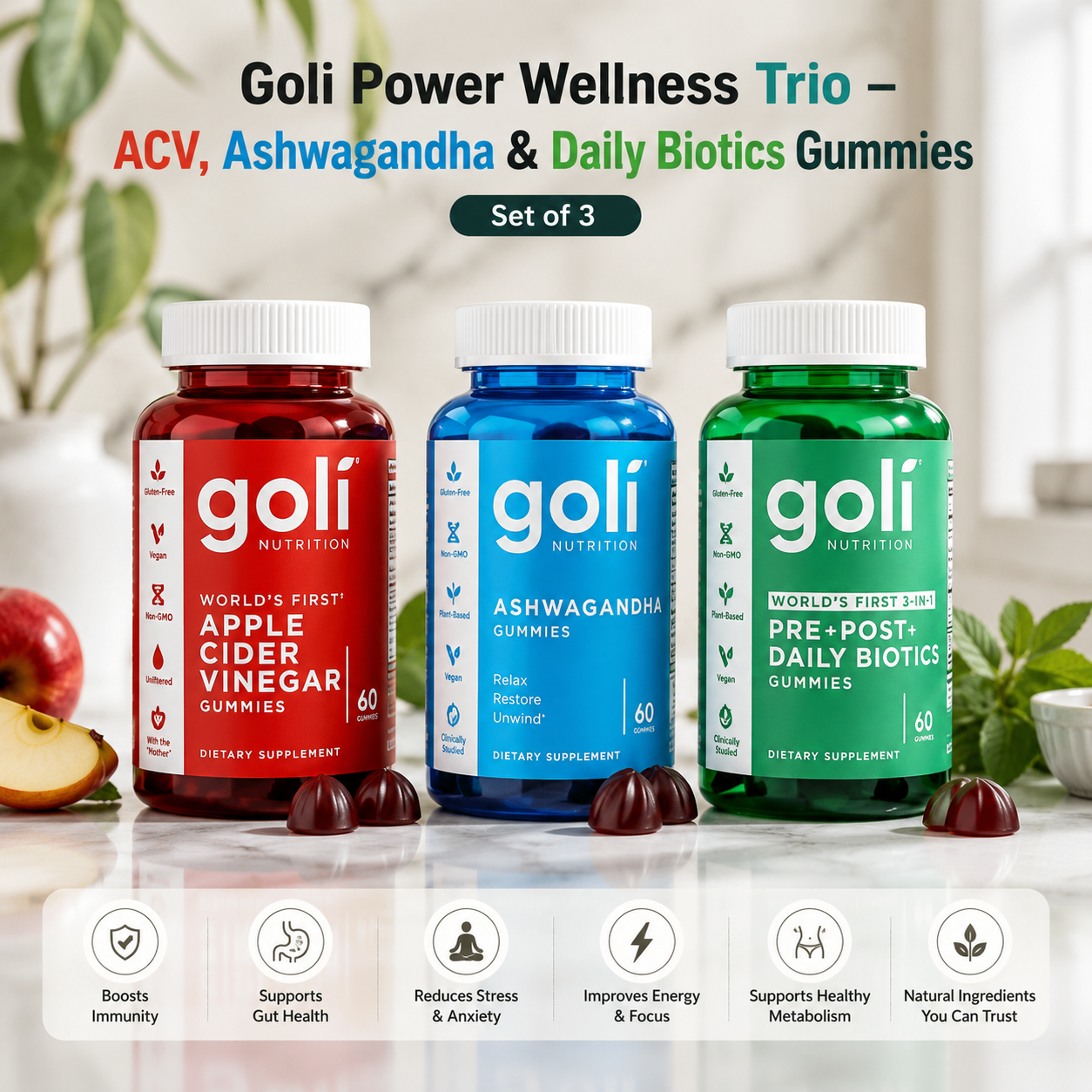 Goli Power Wellness Trio – ACV, Ashwagandha & Daily Biotics Gummies